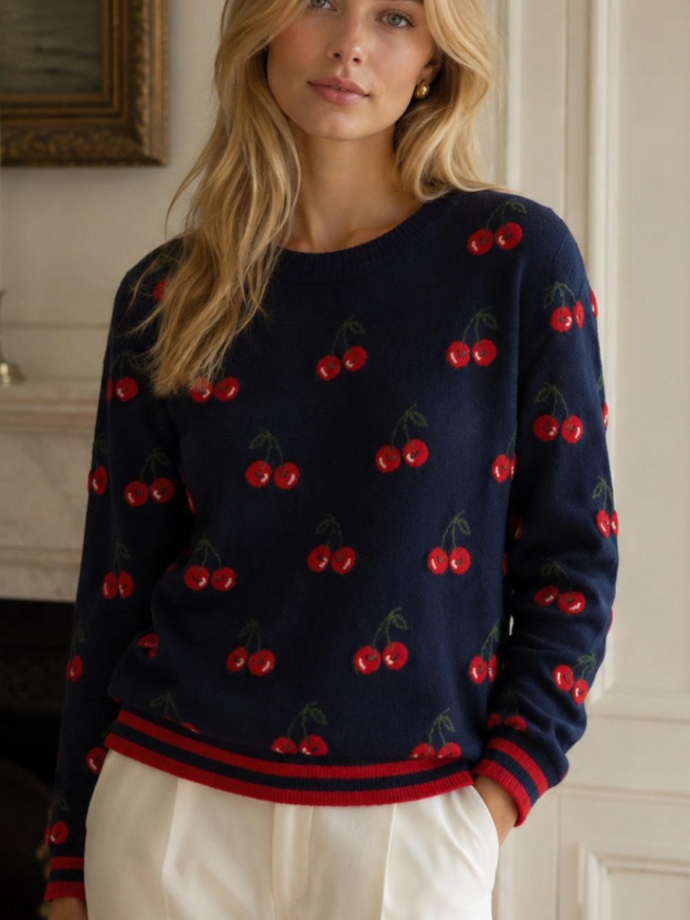 Chinti and Parker Navy Blue Cherries Print Cashmere Sweater Size XS 8063